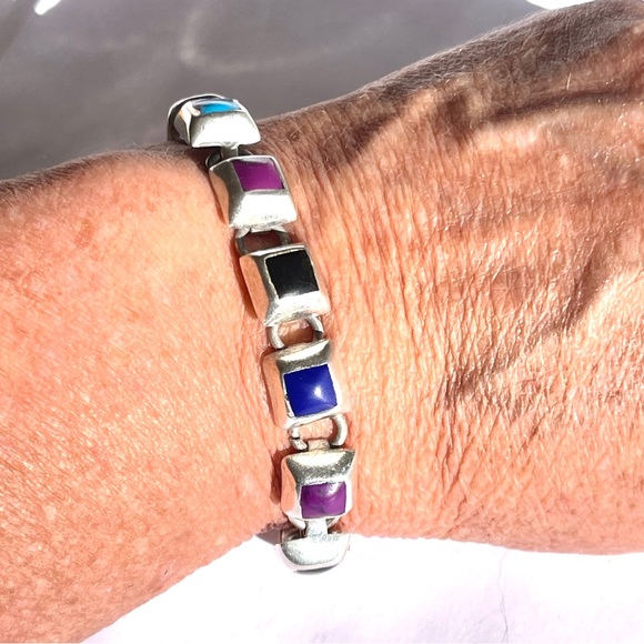 Vintage Mexico Sterling Silver Multi-Colored Gemstones Square Panels Bracelet - Picture 9 of 10